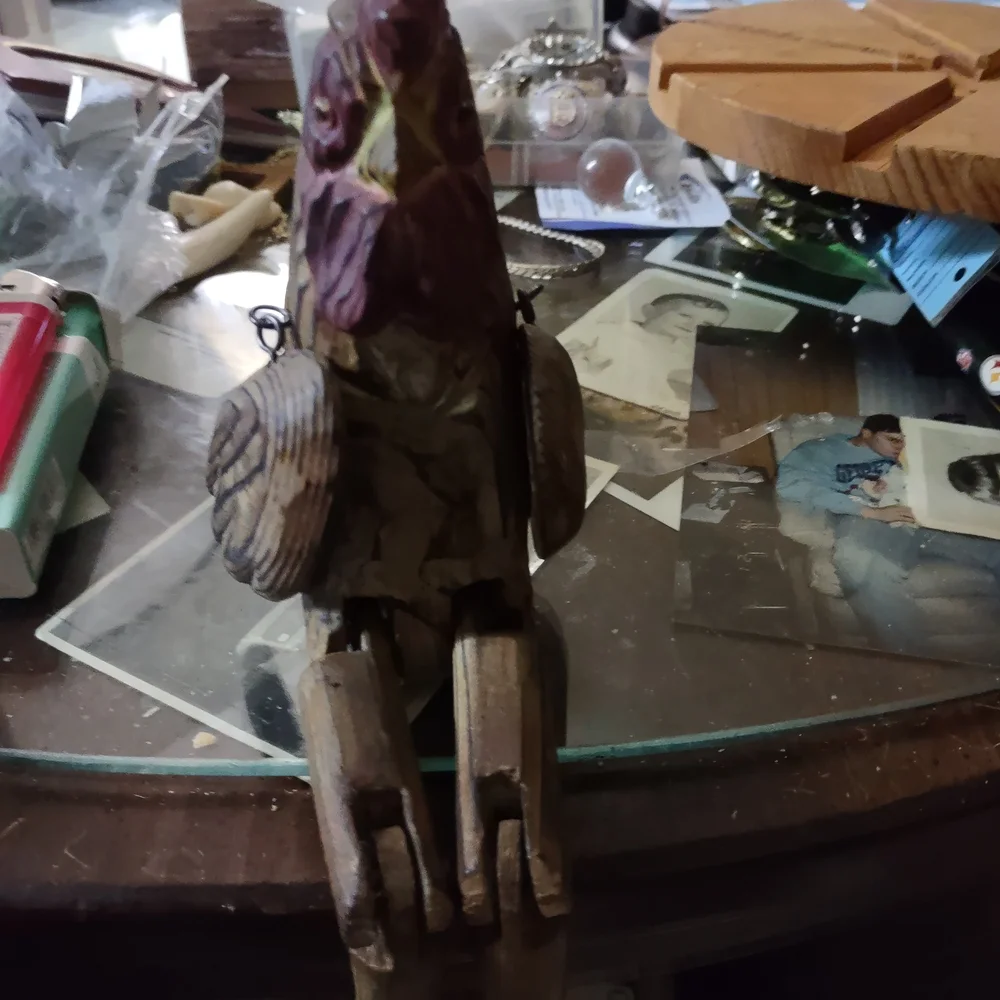 Wooden Bird Figurine with Purple and Brown Accents